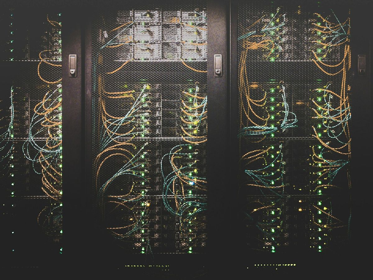 Server racks with network cabling behind mesh doors